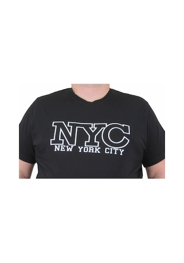 Starbattal Erkek Büyük Beden Sıfır Yaka Tişört Nyc 24133 Sıyah-Sıyah Siyah