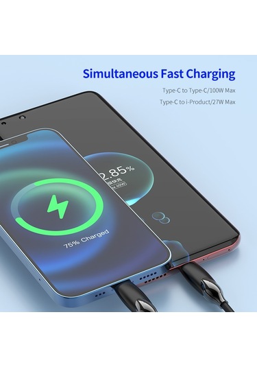 Csdake Gösterge Işıklı 2'si 1 Arada Şarj Kablosu Pd 100 W Type-c To Type-c - Lightning Veri Kablosu 1.2 M