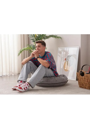 Çok Amaçlı Puantiyeli Keten Yer Bahçe Minderi Fermuarlı İç Dolgulu Yıkanabilir 60x64 Antrasit