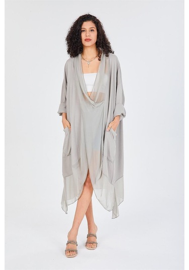 Italyan Ipek Detaylı Oversize Kaftan & Bluz-8711 Vizon
