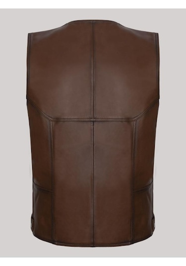 Hakiki Deri Düz Düğmeli Erkek Yelek Kahverengi Kahverengi