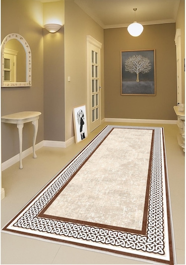 Krem Kahverengi Dijital Baskı Salon Halısı Kaymaz Tabanlı Yıkanabilir Halı Yolluk 530 Krem
