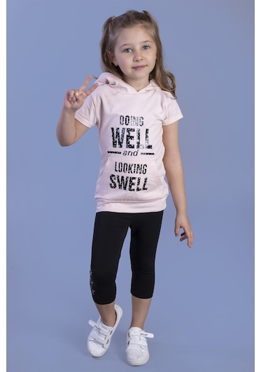 Toontoy Kız Çocuk Parlak Baskılı Kapüşonlu Kaprili Takım Pudra