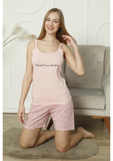 Mr 4404 Pamuklu Askılı Şortlu Takım Pijama Takımı - Pembe