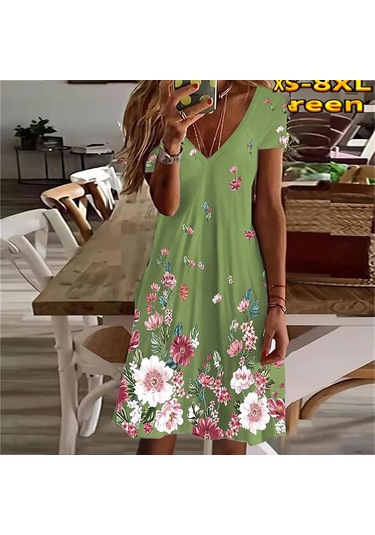 Yeşil Yaz Moda V Yaka Elbise Bayanlar Kısa Kollu Kırmızı Çiçekler Baskılı Elbise Gevşek Gündelik Elbise Kadınlar İçin Yeşil