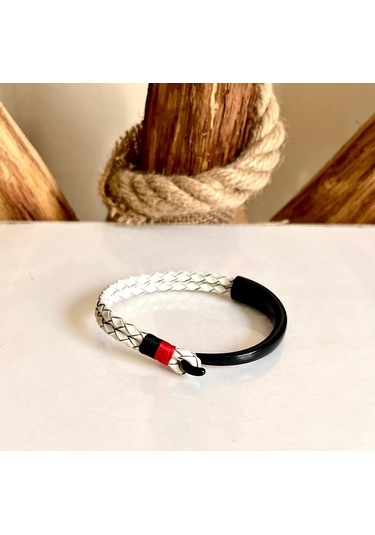 %100 Deri&krom Kombin Erkek Bileklik Net 22cm Türk El Üretimi Siyah - Beyaz