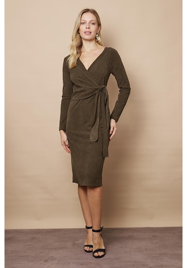 Kadın Kadife Kumaş Kruvaze Anvelop Bağcıklı Uzun Kol Diz Altı Elbise-haki Haki