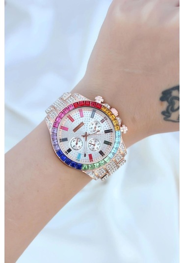 Clariss Trend Rose Metal Kordonlu Zirkon Taş Kaplama Renkli Taşlı Kasa Tasarımlı Lüx Kadın Kol Saati Gold