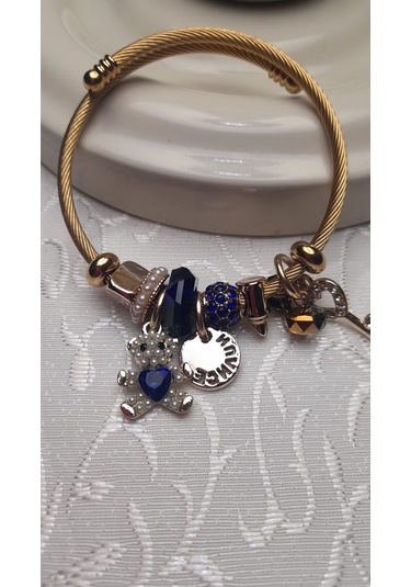 Uzel Çelik Sarı Gold Model Anahtarlı Ayıcık Charmlı Çelik Bileklik Mavi