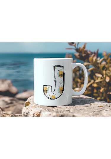 J Harfi Arı Desenli Kupa - Sevimli Hayvan Temalı Kişiye Özel Kahve Kupası - Şans Kupası Beyaz