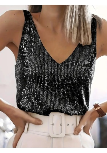 Simala Pul Payetli Sıfır Kol Bluz -siyah Siyah