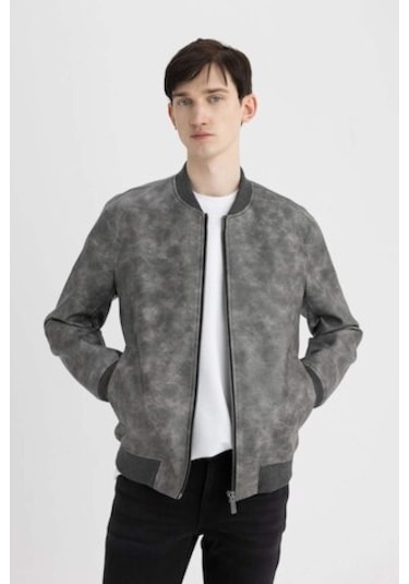 Defacto Slim Fit Dar Kesim Kolej Yaka Fermuarlı Cepli Astarlı Mevsimlik Hafif İnce Suni Deri Mont Ceket C6971AX24AUAR167 Antrasit