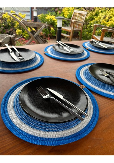 6 Lı Yuvarlak Supla Takımı Kolay Temizlenebilir, Modern Sofralar İçin Beyaz - Mavi