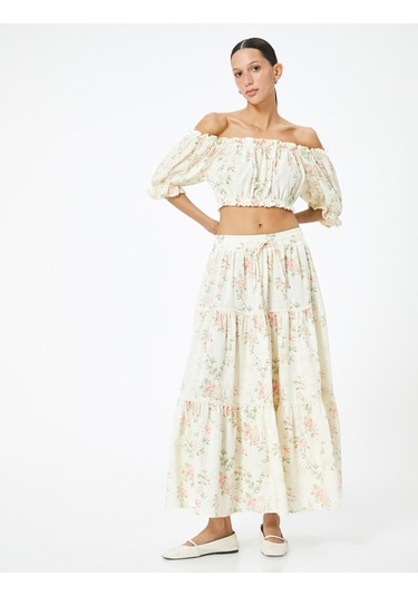 Koton Crop Straplez Atlet Çiçekli Fırfırlı Pamuklu Slim Fit Pembe Desenli 4sak30062ew Pembe