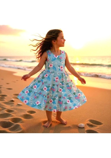 Çiçekli Kız Çocuk Elbise St09119 Turkuaz