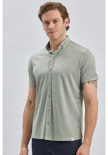 Imza Koyu Haki Desenli Oxford Polo Yaka Cepli Casual Slim Fit Dar Kesim Tişört 1011240178-Koyu Haki