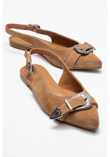 Dorothy Toprak Süet Hakiki Deri Tokalı Sivri Burunlu Kadın Sandalet Toprak