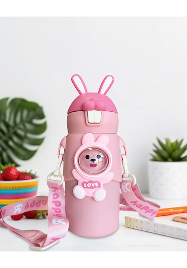 Pembe Tavşan Kulaklı Çoçuk Termosu Paslanmaz Çelik Pembe