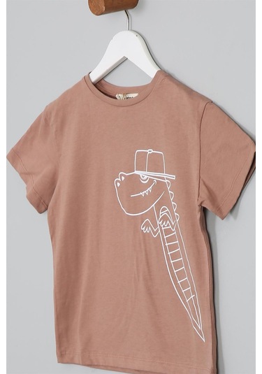 Luess Dinazor Baskılı Regular Fit Kısa Kollu Erkek Çocuk Tişört Kahverengi