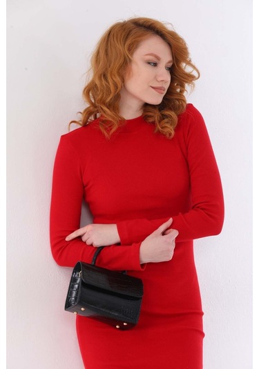 Kallima Kırmızı Bodycon Dik Yaka Uzun Kollu Fitilli Elbise-130 Cm Kırmızı