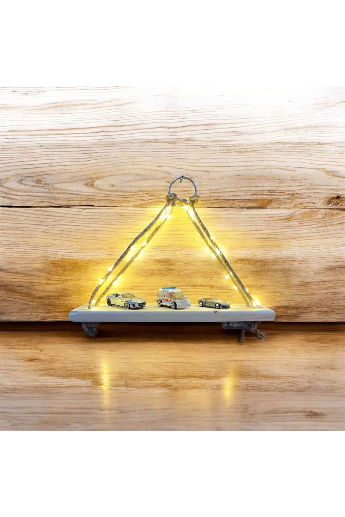 Halatlı Ahşap Işıklı Raf Ahşap