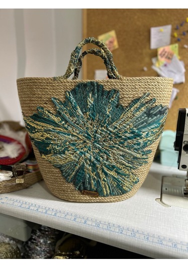 Hasır Çanta, Plaj Çantası, Tasarım Çanta, Yeşil Desenli El Çantası Yeşil - Kahverengi