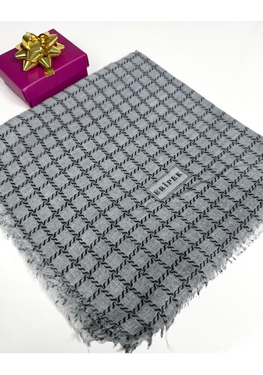 Eripek Desenli Flamalı Keten Eşarp- 06112 Haki-gri