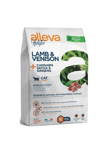 Alleva Holistik Tahılsız Canabis-Ginseng Kuzu ve Geyik Etli Yetişkin Kedi Maması 1500 G