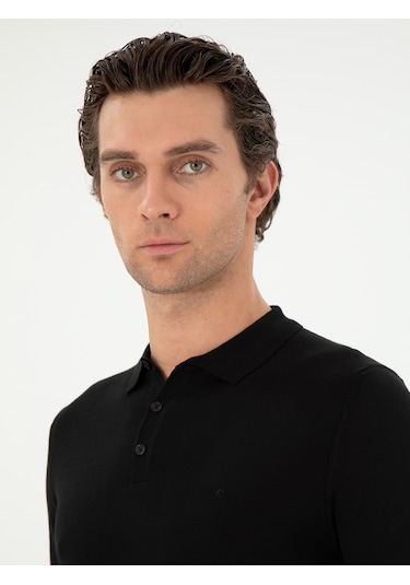 Cacharel Siyah Slim Fit Yün Karışımlı Polo Yaka Basic Triko Kazak