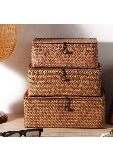 Kapaklı Dokuma Hasır Saklama Kutuları - 4'lü Set - Dikdörtgen Sepet Diğer