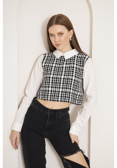 Darlin Moda Siyah Tweed Gömlek Yaka Crop Bluz Dm9002 Siyah
