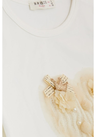 Breeze Kız Çocuk Uzun Kollu Tişört Ponponlu İncili 1-4 Yaş, Ekru Ekru