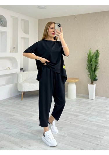 Kadın Kısa Kollu Bisiklet Yaka Viskon Iki Iplik Bluz Ve Pantolon Ikili Takım Siyah