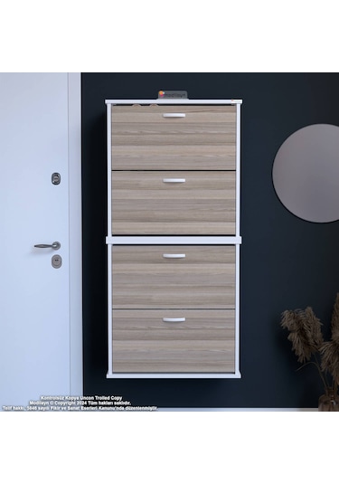 Modilayn Umay' 2 Li Asma Antre Hol 72 X 148x 25, 5 Cm Lik 4 Düşer Kapak 8 Raf Bölmeli Ayakkabılık Beyaz - Cordoba