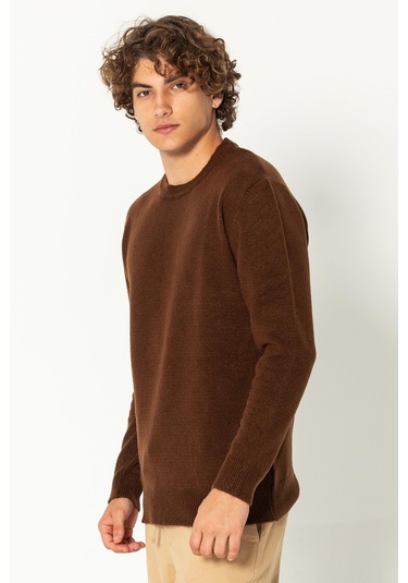 Erkek Kaşmir Dokulu Bisiklet Yaka Şık Triko Kazak Kahverengi
