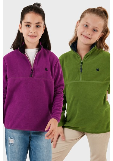 Lela Yumuşak Dokulu Fermuarlı Dik Yaka Şardonlu 2'Li Paket Çocuk Polar 5905002S2 Fıstık Yeşil-Mor