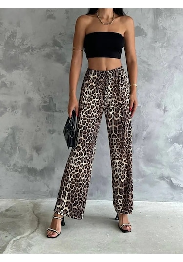 Kadın Varak Baskılı Leopar Desenli Mevsimlik Beli Lastikli Geniş Paça Pantolon Leopar