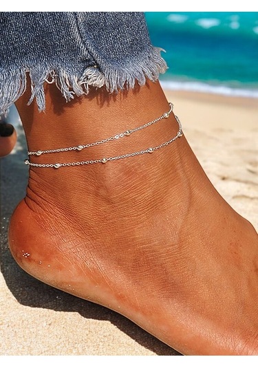 Feron Accessories Gümüş Renk 2li Set Halhal Boncuk Zincir Beyaz Taşlı Gümüş Beyaz