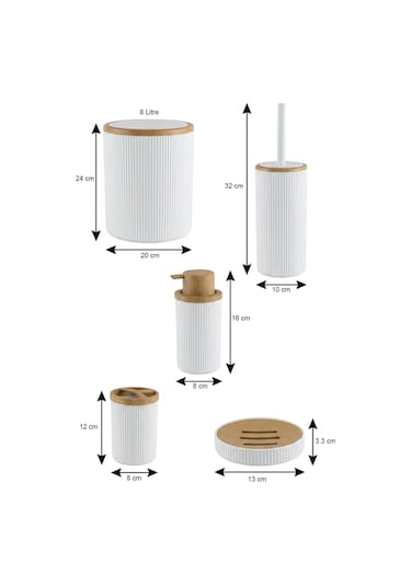 Makri Home Banyo Seti 5'li, Beyaz, Ahşap Desenli, Yuvarlak