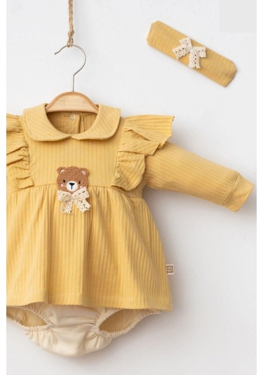 Kız Bebek Cute Bear Romper Baskılı Tulum Hardal