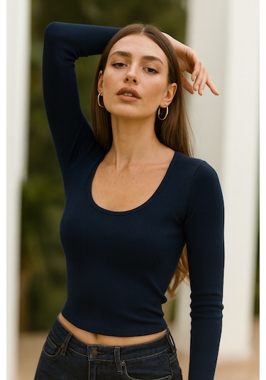 Rich Kadın Lacivert Soft Touch Fitilli Uzun Kollu Bluz Lacivert