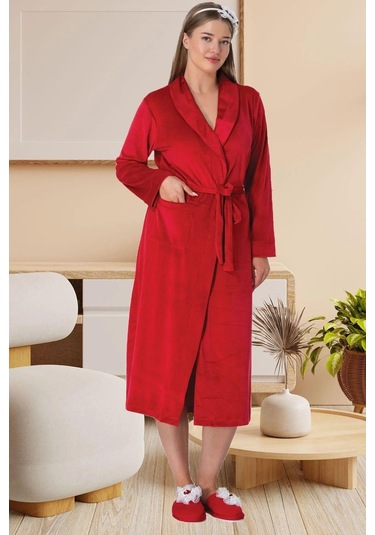 Mecit 6505 Kırmızı Kadife Sabahlıklı Gecelik Takım