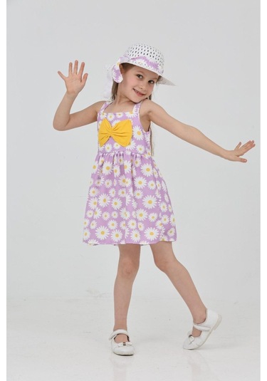 Papatya Baskılı Askılı Şapkalı Elbise Lila