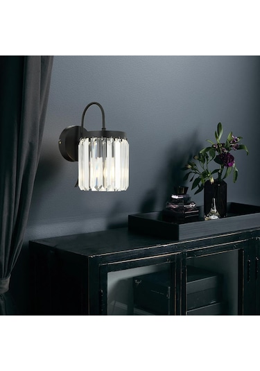 Rachel Kristal Taşlı Duvar Lambası Yatak Odası-Yatak Başı-Salon için Aplik Siyah