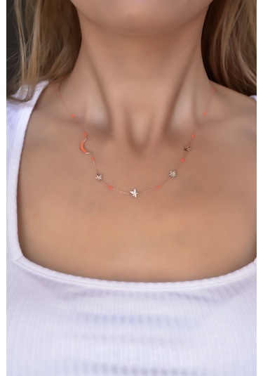 Papatya Silver 925 Ayar Gümüş Rose Kaplama Hilal Mineli Yıldız Kadın Kolye