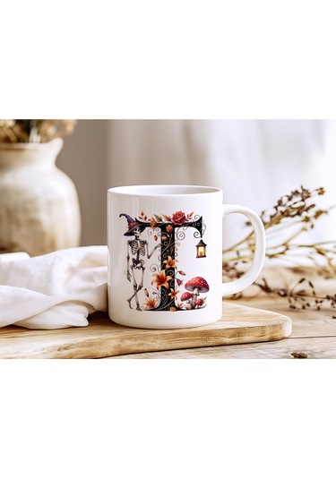 T Harfi Şapkalı İskelet Figürlü Ve Çiçekli Kupa Bardak - Cadılar Bayramı / Halloween Özel Hediye Beyaz