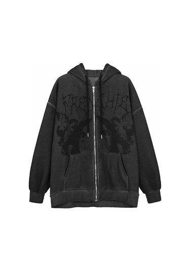 Novahub Kadın Vintage Melek Baskı Kapüşonlu Zip Up Uzun Kollu Cep Kazak Kırmızı Sonbahar/kış Kırmızı