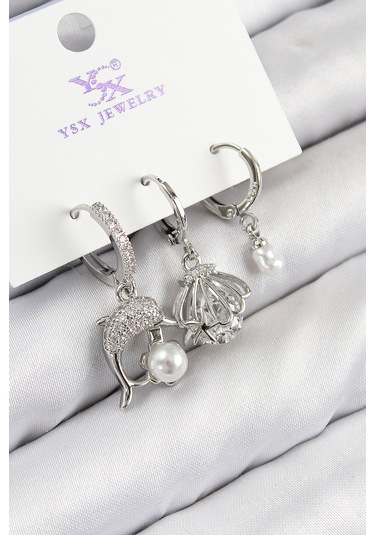 Pirinç Zirkon Taşlı 3'lü Yunus Balığı Ve İstiridye Model Gümüş Renk Kadın Küpe Çok Renkli