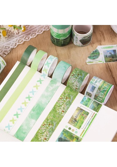Art Vintage Washi Tape Bant Yapışkanlı Maskeleme Kağıdı Desenli Bant 12'li - Yeşil Claude Monet Tabloları 1