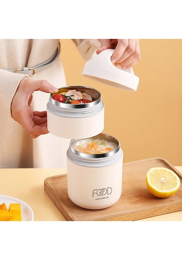 Meridiangoods Beige 680ml Paslanmaz Çelik 3ü 1 Arada Termal Yemek Seti 12 Saat Sıcak Tutar Bej